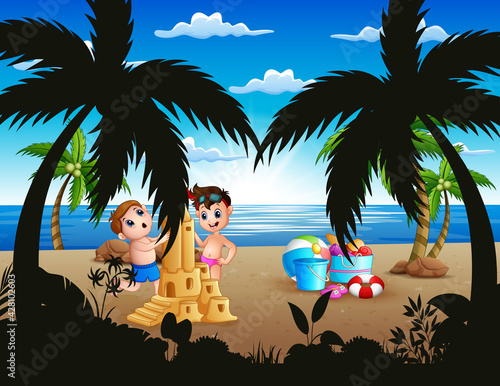 Happy boys making a sand castle on the beach illustration