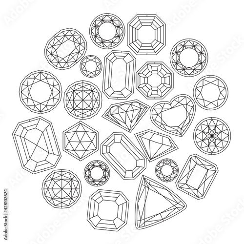 Black and white ornament with crystals and gems. Illustration can be used for coloring book and pictures for children.