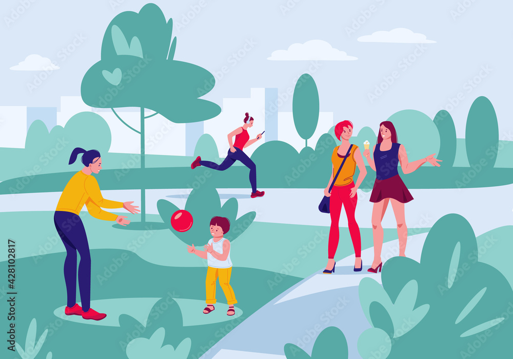 Various people at summer park performing leisure outdoor activities. Vector illustration in flat cartoon style. Various people at summer park performing leisure outdoor activities. Vector illustration in flat cartoon style.