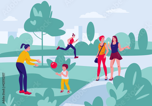 Various people at summer park performing leisure outdoor activities. Vector illustration in flat cartoon style.