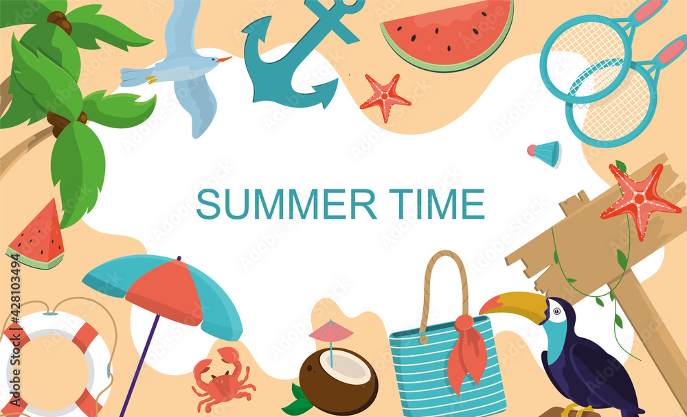 Fototapeta premium Summer frame with space for your text. Set with animals living in tropical countries and beach items. Poster, layout in cartoon style. Vector, EPS 10.