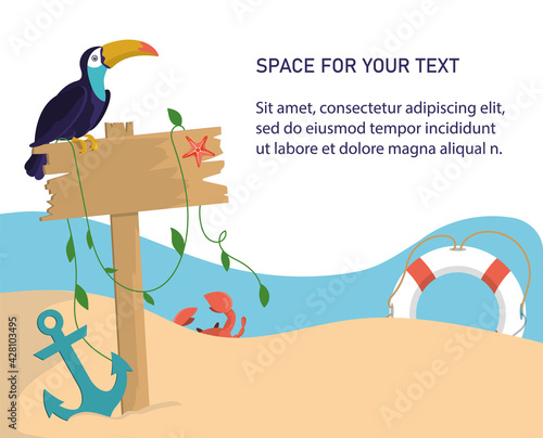 An exotic toucan bird sits on a signpost on the beach. Summer design with space for your text. Poster, layout in cartoon style. Vector, EPS 10.