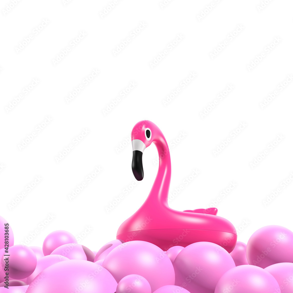 Abstract pink scene. Inflatable flamingo among balloons on white background. 3D rendering. Abstract pink scene. Inflatable flamingo among balloons on white background. 3D rendering.