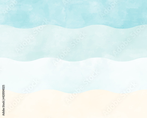 海や波の水彩風の背景イラスト　ビーチ　海岸　砂浜　青　水色　夏　素材　グラデーション