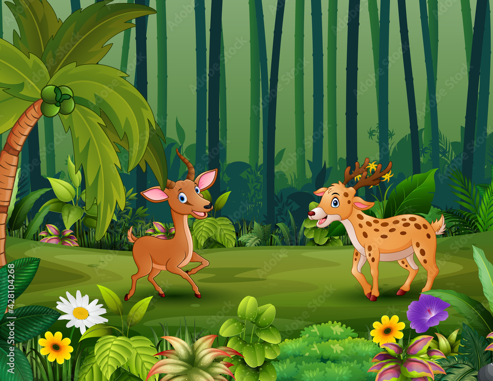 Naklejka premium Happy deers playing in the jungle