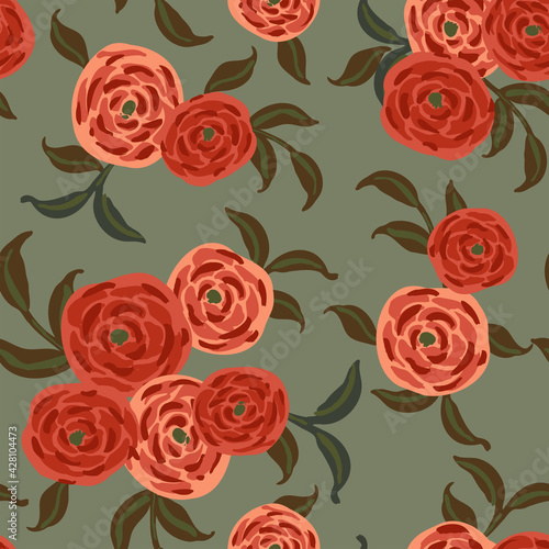 Pretty painted bunches of darling roses with leaves in red  pink  and green color palette. Vintage floral seamless vector pattern. Great for home d  cor  fabric  wallpaper  gift wrap  stationery  etc.