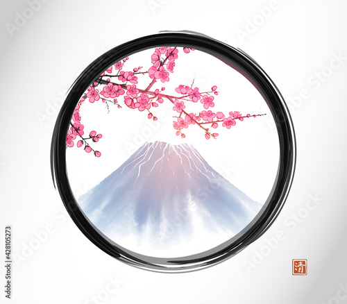 Blossoming branch of oriental sakura cherry and Fujiyama mountain in black enso zen circle. Traditional oriental ink painting sumi-e, u-sin, go-hua. Sakura plum blossom. Hieroglyph - clarity photo