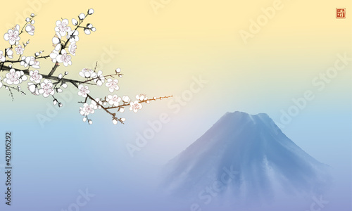 Blossoming branch of oriental cherry, sunrise sky and Fujiyama mountain. Traditional oriental ink painting sumi-e, u-sin, go-hua. Sakura plum blossom. Hieroglyph - clarity