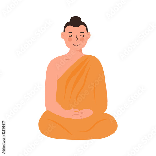 Cute Peaceful Lord Buddha in yellow robe meditating in lotus posture with closed eyes. Buddhist Religious Teacher or God. Flat vector cartoon character isolated on white background for children book.