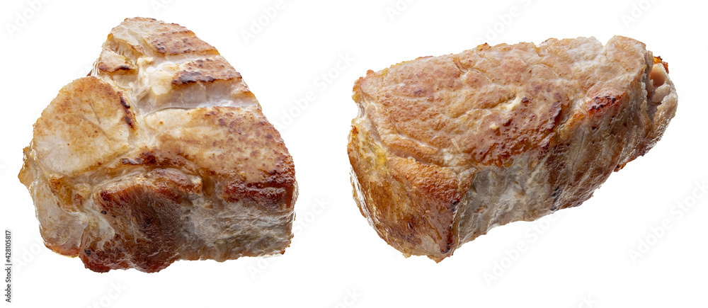 Pieces (in the form of dice) of pork tenderloin meat cooked (grilled), juicy and fresh. Isolated on white background.