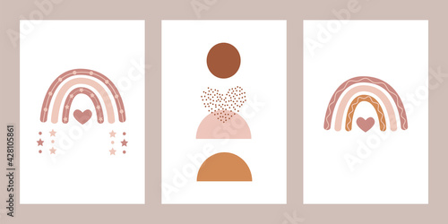 Set of cards with Scandinavian boho rainbows and abstract shapes with heart in pastel earthy nude colors. Celestial clip art decoration for baby nursery. Hand drawn vector posters for baby shower. photo