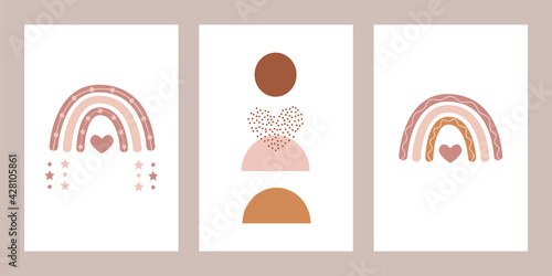 Set of cards with Scandinavian boho rainbows and abstract shapes with heart in pastel earthy nude colors. Celestial clip art decoration for baby nursery. Hand drawn vector posters for baby shower.