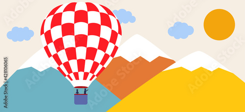 Landscape with snowy mountains, hot air balloons, clouds and birds. Paper cut out art digital craft style. Vector illustration
