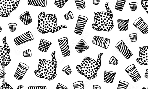 Seamless pattern with tableware or kitchenware. Vector teapot and cups