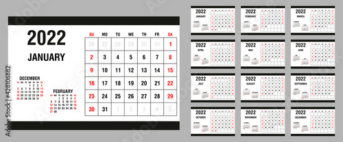 Calendar 2022 yearly. Week starts on Sunday. Vector illustration.