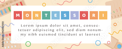 Vector Banner for Montessori school or kindergarden. Children wooden eco friendly educational toys and busy boards for preschool kids. Colorful blocks on Poster for alternative education. 