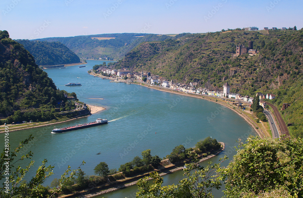View at the river Rhine and the Katz castle above St. Goarshausen  (view from Loreley rock, Germany)