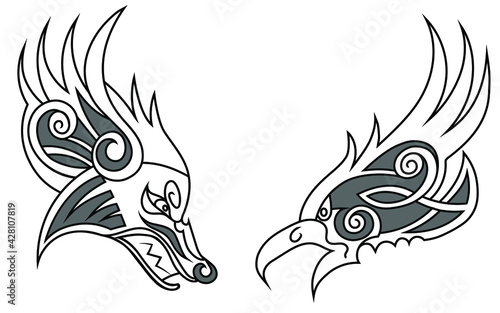 vector black and white illustration of a wolf and a raven in celtic stylization on a white background. can be used as a sketch of a scandinavian couple tattoo. drawings are isolated