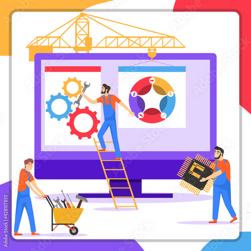 Developers. A group of developers are repairing a computer. Vector illustration.