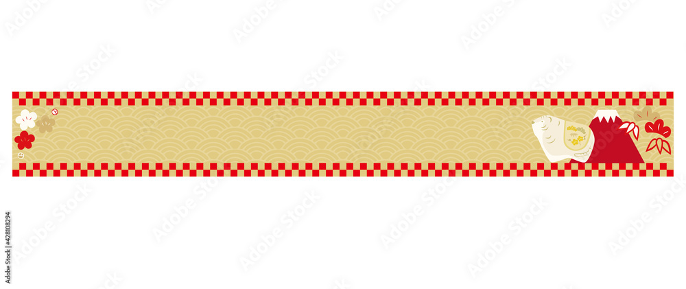 トラと富士山と和柄の背景の横長のバナーイラスト