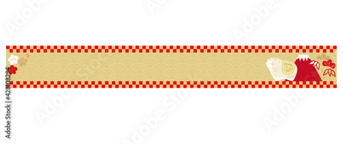 トラと富士山と和柄の背景の横長のバナーイラスト