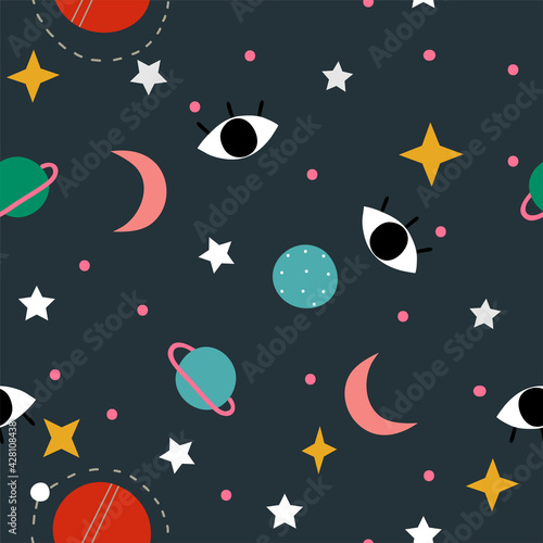 Stylish vector cosmos pattern design with magic eyes, stars and planet. Cute mystical texture  in hand-drawn style.