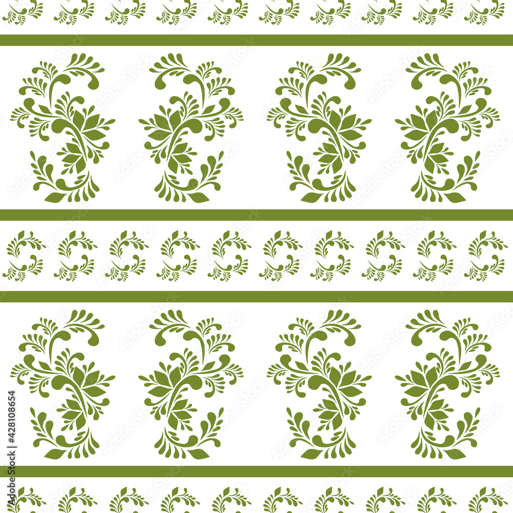 Seamless decorative background with elements of leaves, curls and horizontal lines on an isolated background. Beautiful floral pattern with olive-colored plant elements on a white background. Design o