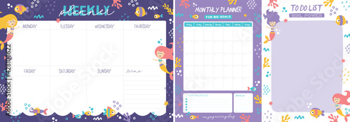 Printable set of weekly planner, monthly planner and todo list with Mermaids and Sea Life