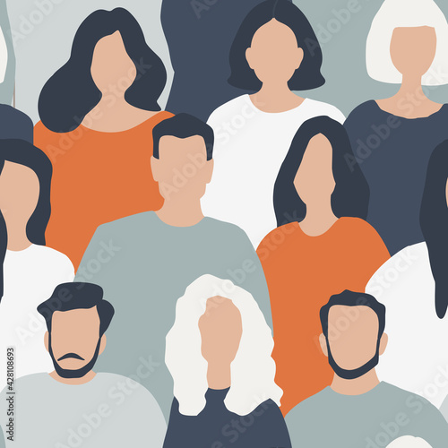 Crowd. Seamless pattern with men and women. There are silhouettes of people. Background with people icons. Vector illustration.