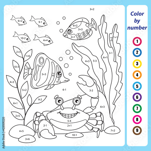 Math education for little children. Coloring book. Mathematical exercises on addition and subtraction. Solve examples and paint the marine fish and crab. Developing counting skills. Worksheet for kids