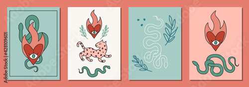 Set of hand drawn abstract elements in modern, trendy colors, taro cards and boho concept, minimalism art.