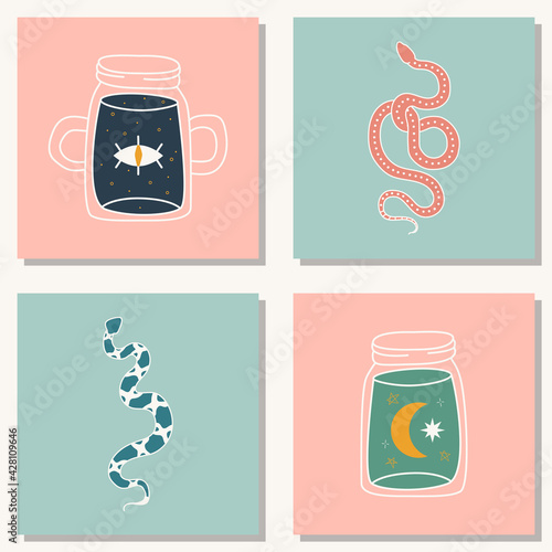 Set of hand drawn abstract elements in modern, trendy colors, taro cards and boho concept, minimalism art.