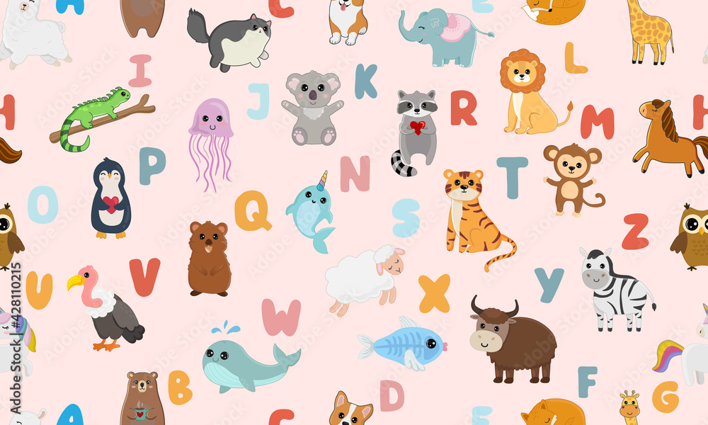 Seamless pattern with english alphabet with cute animals isolated on pink background. Vector illustration for teaching children learning a foreign language.