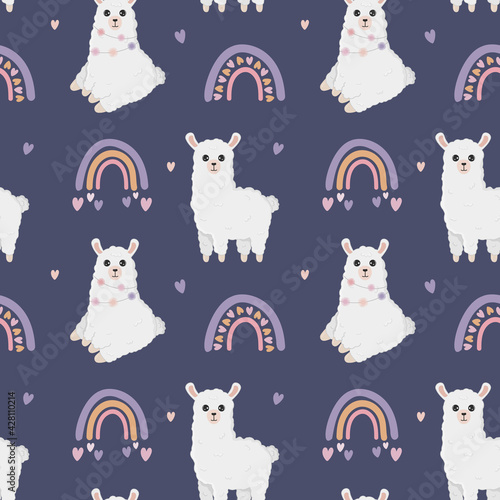 Seamless vector pattern with llama (alpaca), hearts and rainbows. Baby background for wrapping paper,  greeting cards, design.