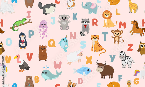 Seamless pattern with english alphabet with cute animals isolated on pink background. Vector illustration for teaching children learning a foreign language.