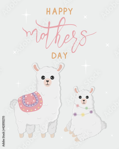 Vector cartoon card. Happy mother's day with llama family on blue background. Cute alpaca