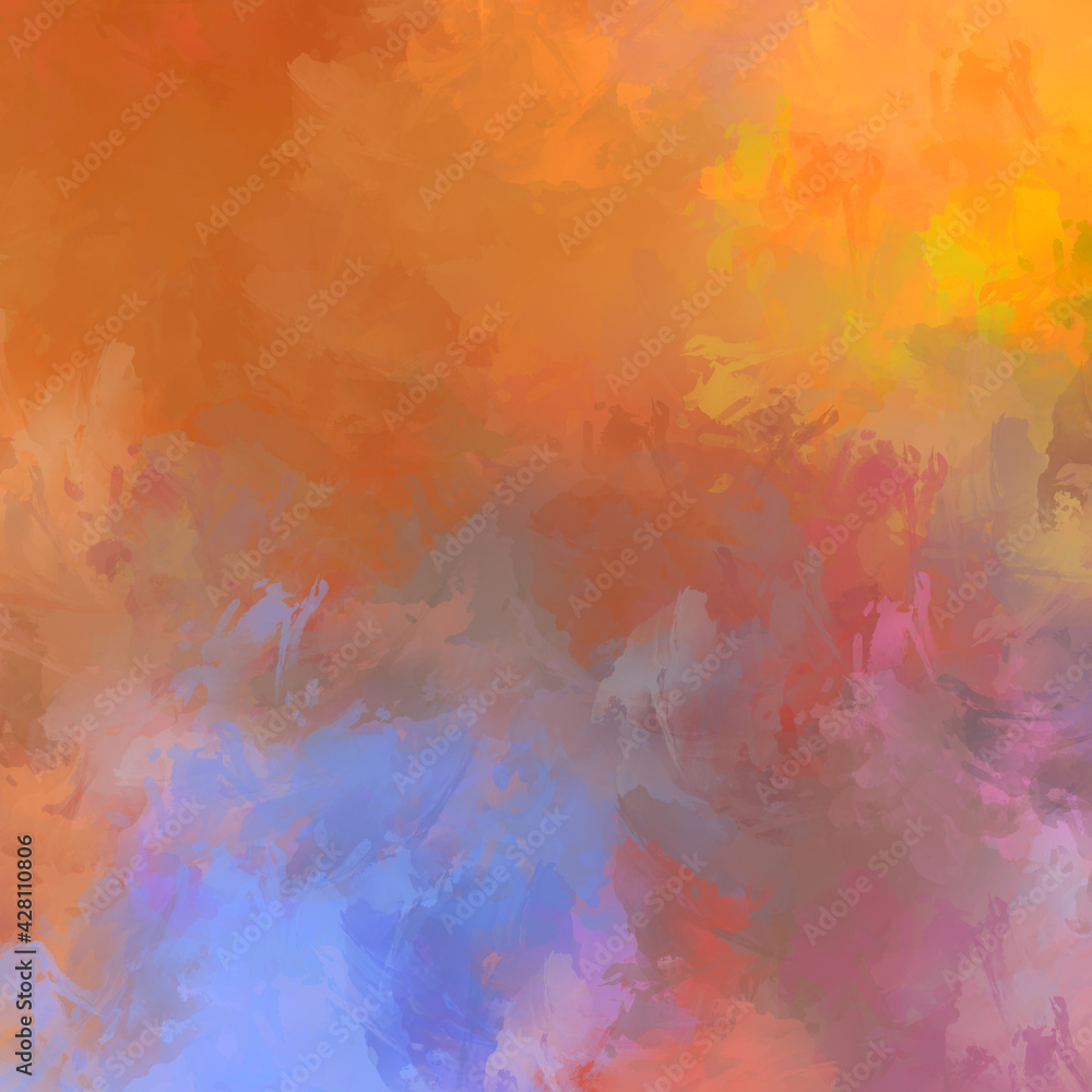 Painted composition with vibrant brush strokes. Textured colorful painting. Paint brushed wallpaper.