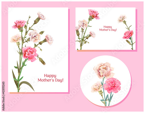 Set of templates for Mother's Day (vertical, horizontal, round): carnation schabaud: white, pink, gentle flowers, green leaves, white background, hand draw, vintage botanical illustration, vector