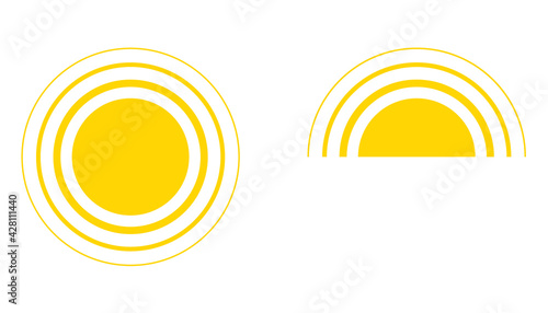 Yellow sun icon, sunshine full and sunrise or sunset. Decorative circle sun and sunlight. Hot solar energy for tan. Vector sign