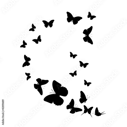 Flock of silhouette black butterflies on white background
