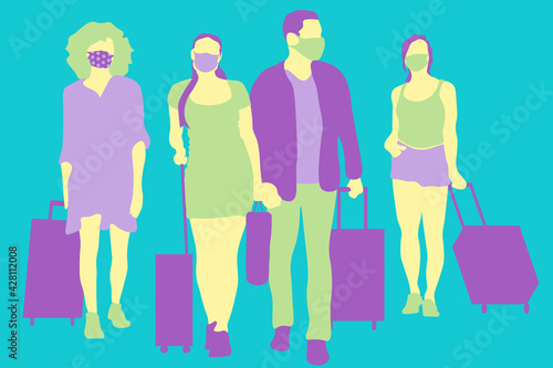 Travelling people wearing masks and suitcases. Post-corona travelling concept. Travelling after coronavirus covid19 illustration.