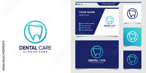 Dental care logo with line art style and circle concept. Logo and business card design Premium Vector