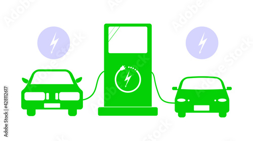 Flat vector illustration of a green electric car charging at the charger station. Electromobility e-motion concept.