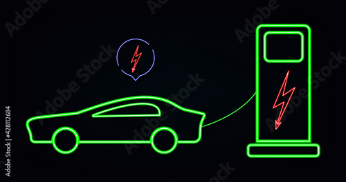 Flat vector illustration of a green electric car charging at the charger station. Electromobility e-motion concept.