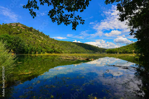 Vue du lac de Sainte Suzanne  dit lac de Carces  avec les reflets des montagne dans l eau et les plantes aquatiques au premier plan sou un cliel bleu azur parsem   de nuages blancs