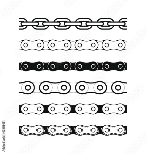 Chains brushes set: roller, rope, broad chains, isolated vector graphic illustrations shapes. black color outline silhouette shapes.