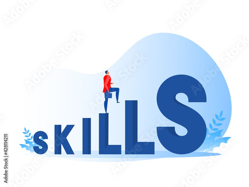 businessman walking up skill development or knowledge management. Flat isolated vector illustration.