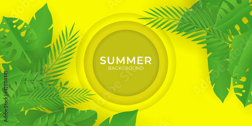 Green summer leaves on yellow background with paper cut style. Green floral summer background. Trendy editable template for social networks stories, vector illustration.