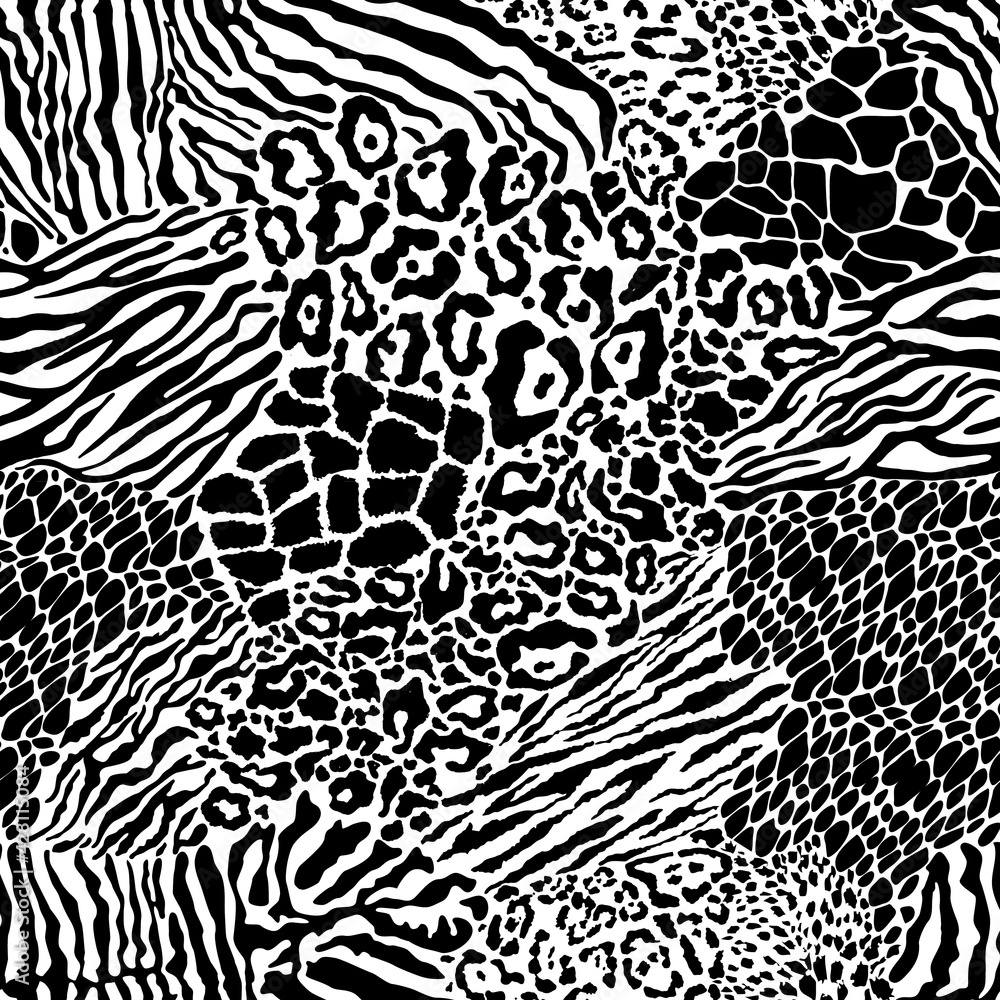 Wild animal skins patchwork wallpaper black and white fur abstract ...