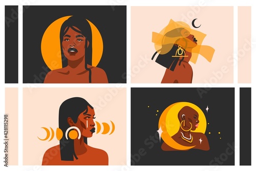 Hand drawn vector abstract flat graphic illustration collection set with ethnic tribal black beautiful african american women,sun and magic moon phases in simple style,bohemian celestial concept